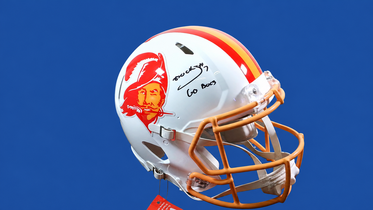 Bucky Irving Signed Buccaneers Throwback Speed Authentic Helmet – “Go Bucs” – Fanatics