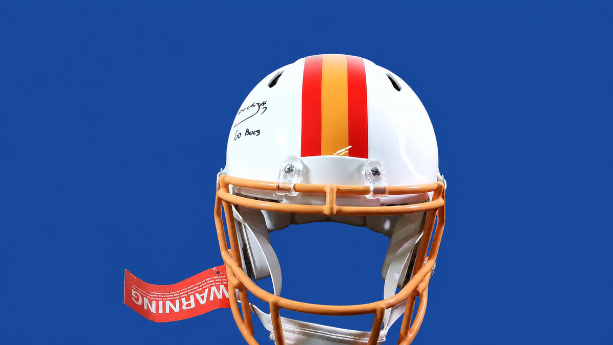 Bucky Irving Signed Buccaneers Throwback Speed Authentic Helmet – “Go Bucs” – Fanatics