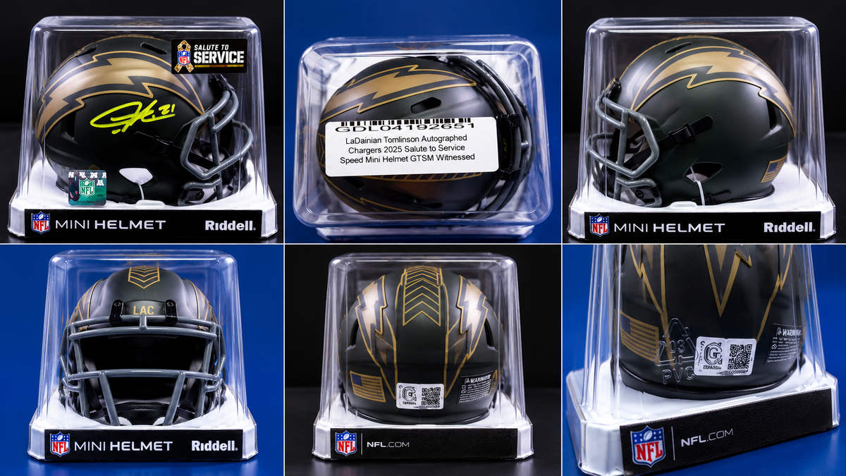LaDainian Tomlinson Signed Chargers 2025 Salute to Service Riddell Speed Mini Helmet – GT Sports Marketing Witnessed